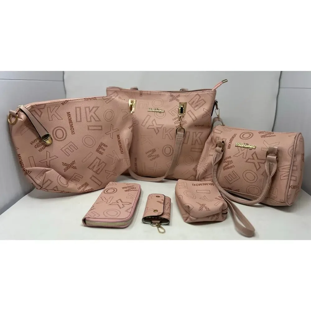 MKMEMOXI Mei & Ge Women's Fashion Retro Letter Print Pink Purse 6 Piece Set